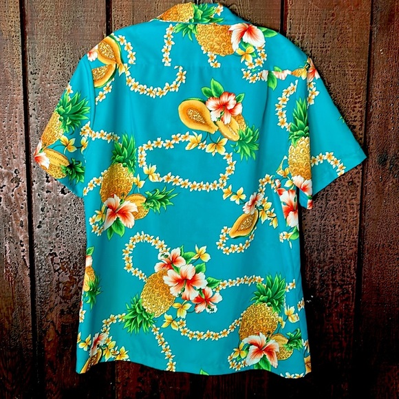 Vintage 70s Hawaiian Aloha Shirt Papaya Leis Pineapple Hibiscus Polyester Medium - Picture 6 of 9
